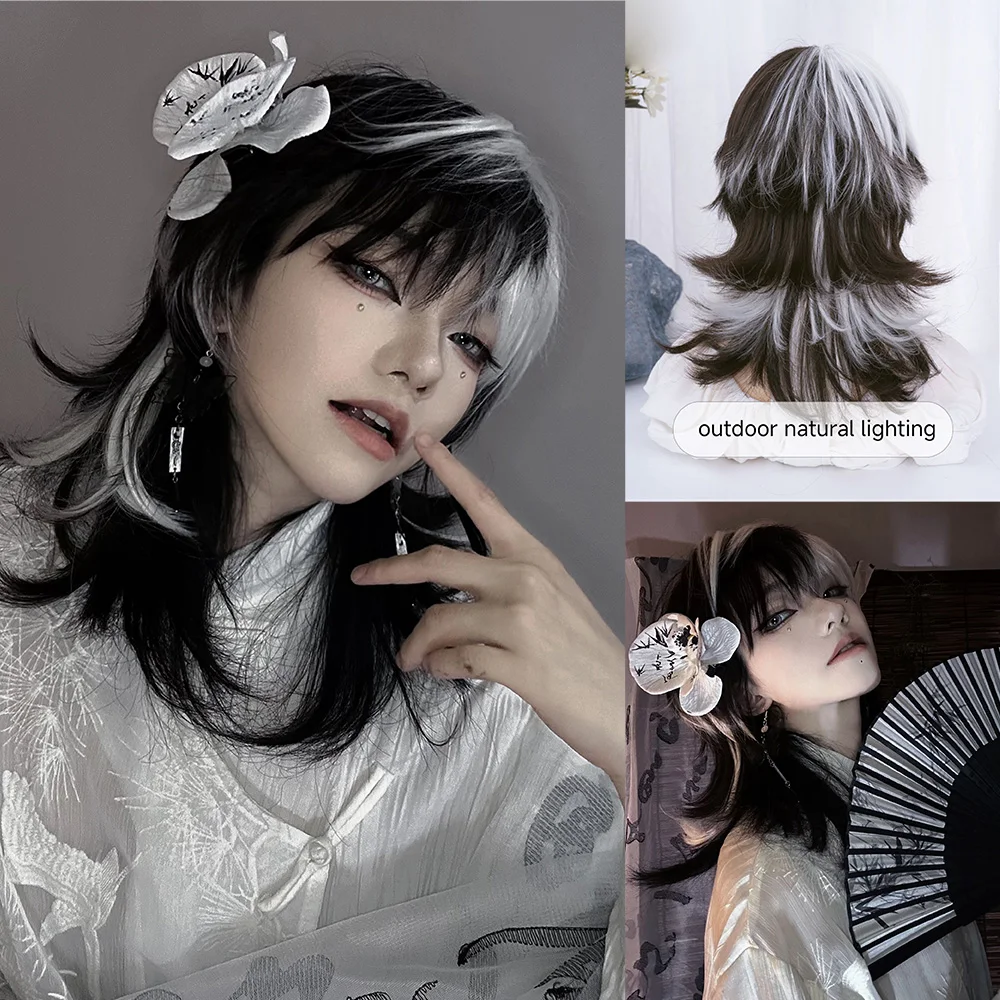 Synthetic Braided Wigs For Black Women - 女性用合成ウィッグ,人工毛,中程度の自然なウェーブのかかった髪,耐熱性,黒と白,毎日の使用,コスプレ,16インチ