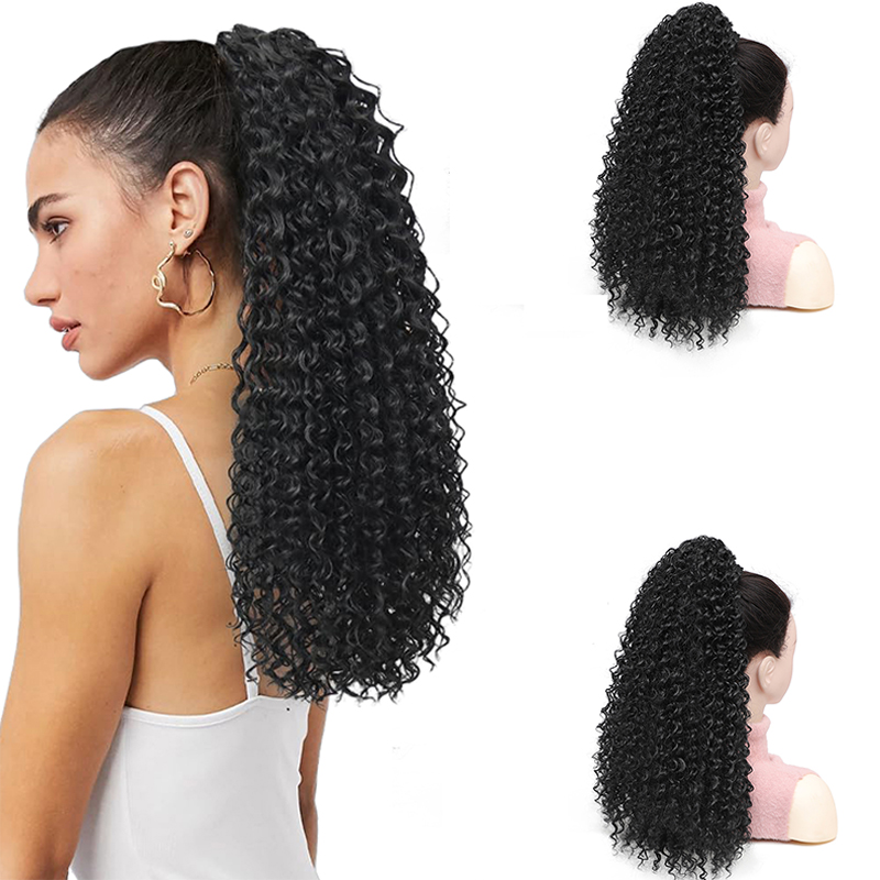 Drawstring Afro Curly Puff Ponytail - アフロパフ、カールしたポニーテール風のつけ毛、人工毛を使用した、黒色の長めの縮れ毛ポニーテールエクステンション。女性用。