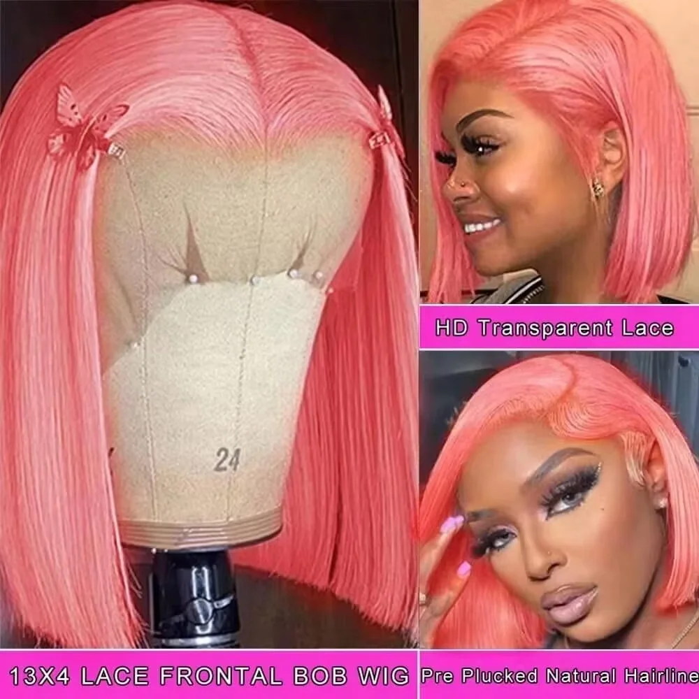 Pre Parted 13X4 Lace Front Bob Wig - 10インチのピンク色のボブウィッグ。人毛を使用し、密度は180%。13x4のレースフロントで、ブラジル産のシルクのようなストレートヘアを使用。中央部分に分け目があり、女性向けのボブウィッグ。HD透明レースを使用し、毛根部分を処理済み。ベビーヘア付き。ピンク色のボブウィッグで、クールなショートヘアスタイル。