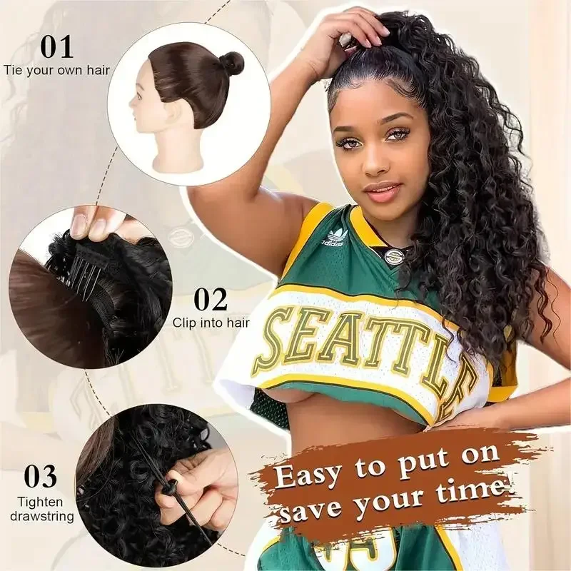 アフロパフ、カールしたポニーテール風のつけ毛、人工毛を使用し - Drawstring Afro Curly Puff Ponytail のレビューと価格