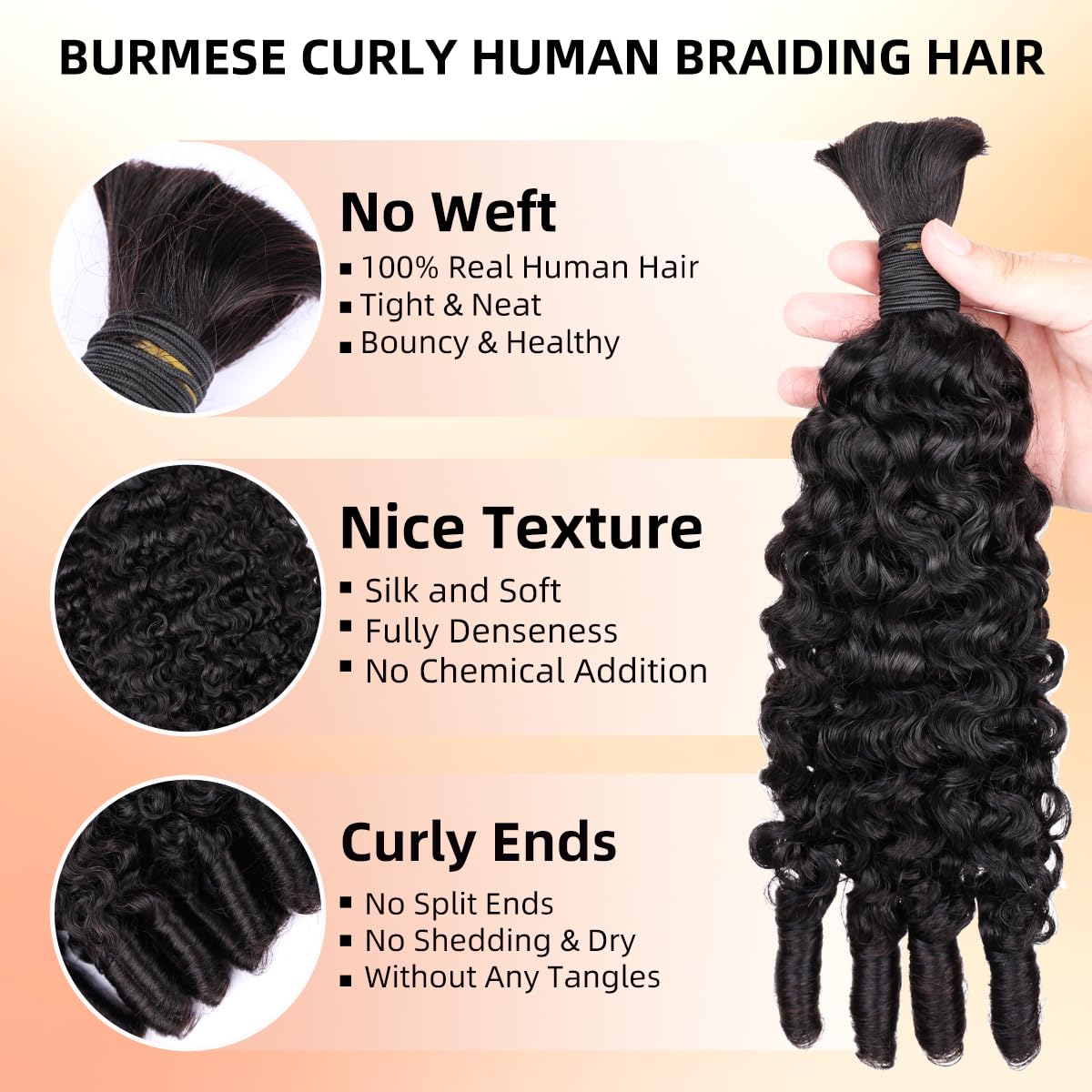 15A人毛ブレイズヘア、ボヘミアンブレイズ用、ビルマ風カーリ - Water Wave Bulk Human Hair For Braiding のレビューと価格