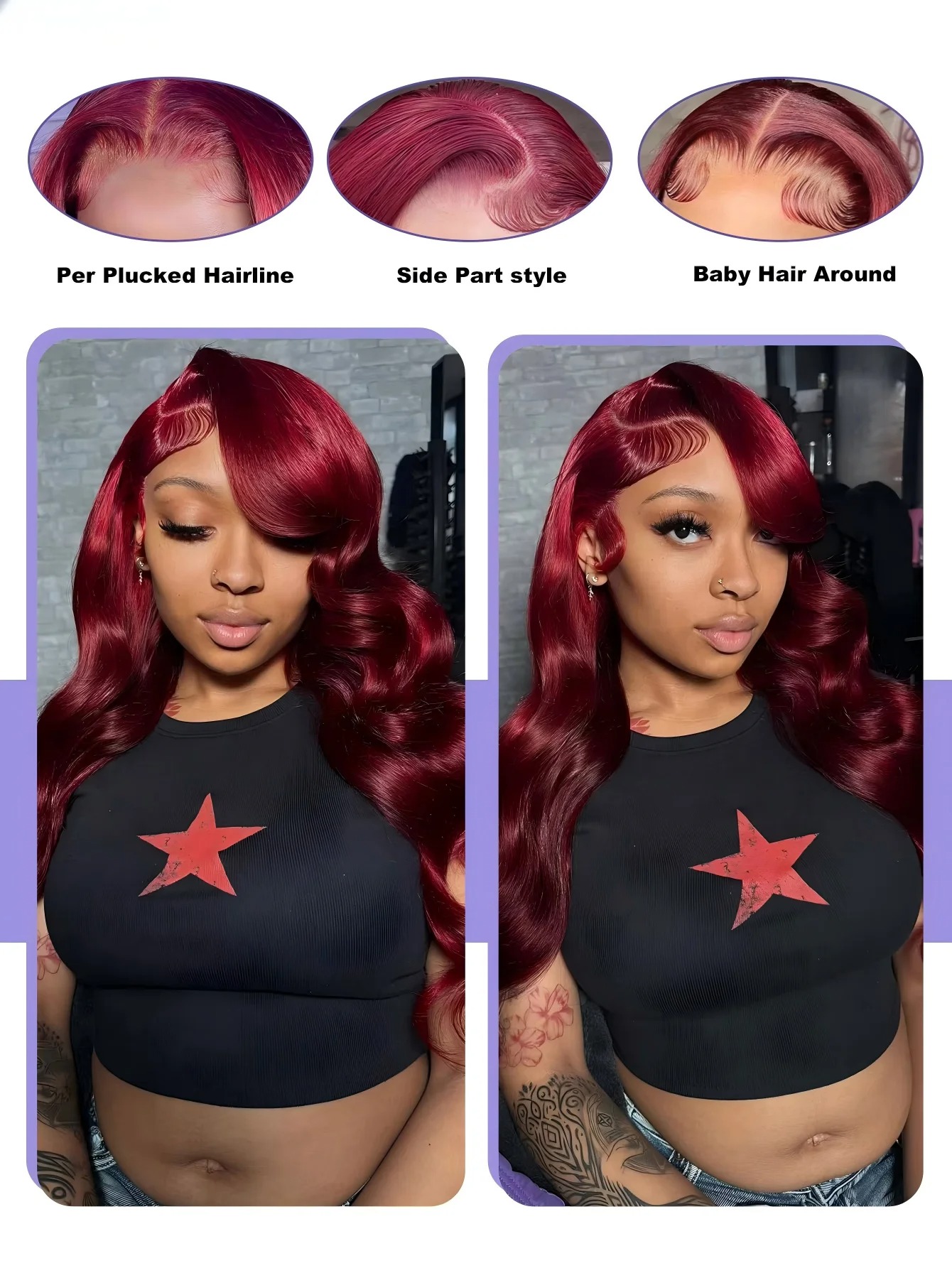 HD透明99Jバーガンディカラーのボディウェーブ、前髪部分に - Hd Lace Frontal Wig Human Hair Pre Plucked のレビューと価格