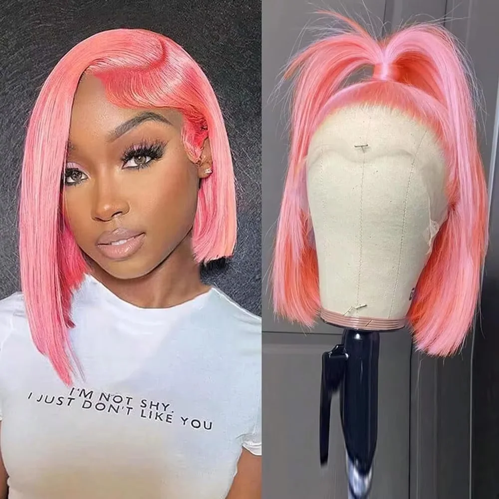 10インチのピンク色のボブウィッグ。人毛を使用し、密度は18 - Pre Parted 13X4 Lace Front Bob Wig のレビューと価格